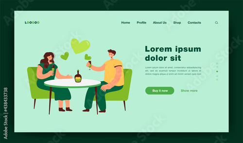 Romanic date vector illustration. Happy couple meeting for dinner in restaurant, drinking wine, celebrating anniversary together. For love, romance, valentines day, bar concept
