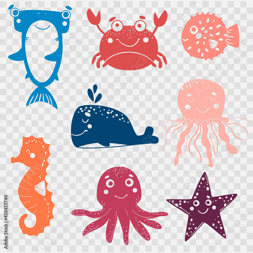 Set of cute marine animals for cutting with a plotter. Crab, shark, whale, fish ball, seahorse, octopus, and starfish on transparent background. laser cutting file
