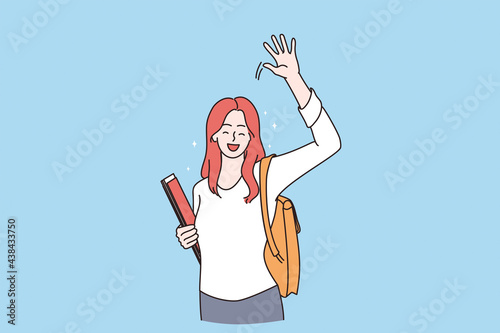 Back to school and education concept. Young happy positive schoolchild girl cartoon character standing looking and waving hand feeling positive vector illustration 