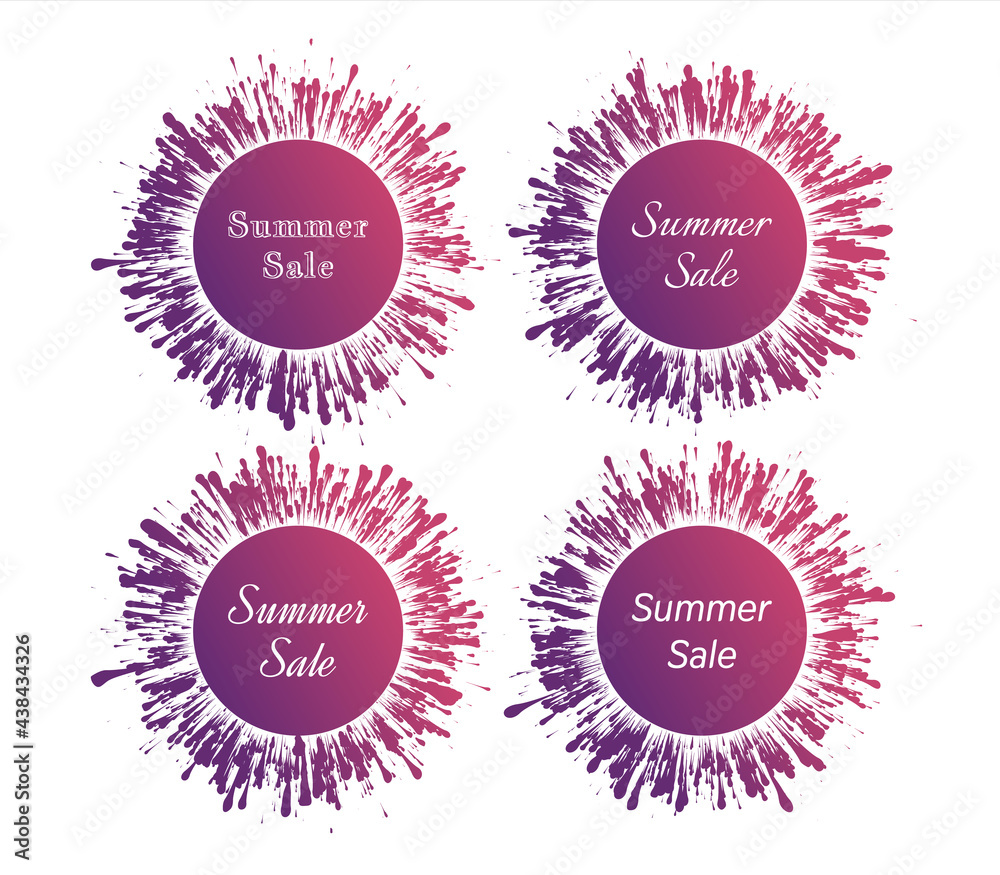 Set of vibrant gradient summer sale splash signs. Isolated colorful splatters on a white background. Vector blots for special season offers. Set of vibrant gradient summer sale splash signs. Isolated colorful splatters on a white background. Vector blots for special season offers.