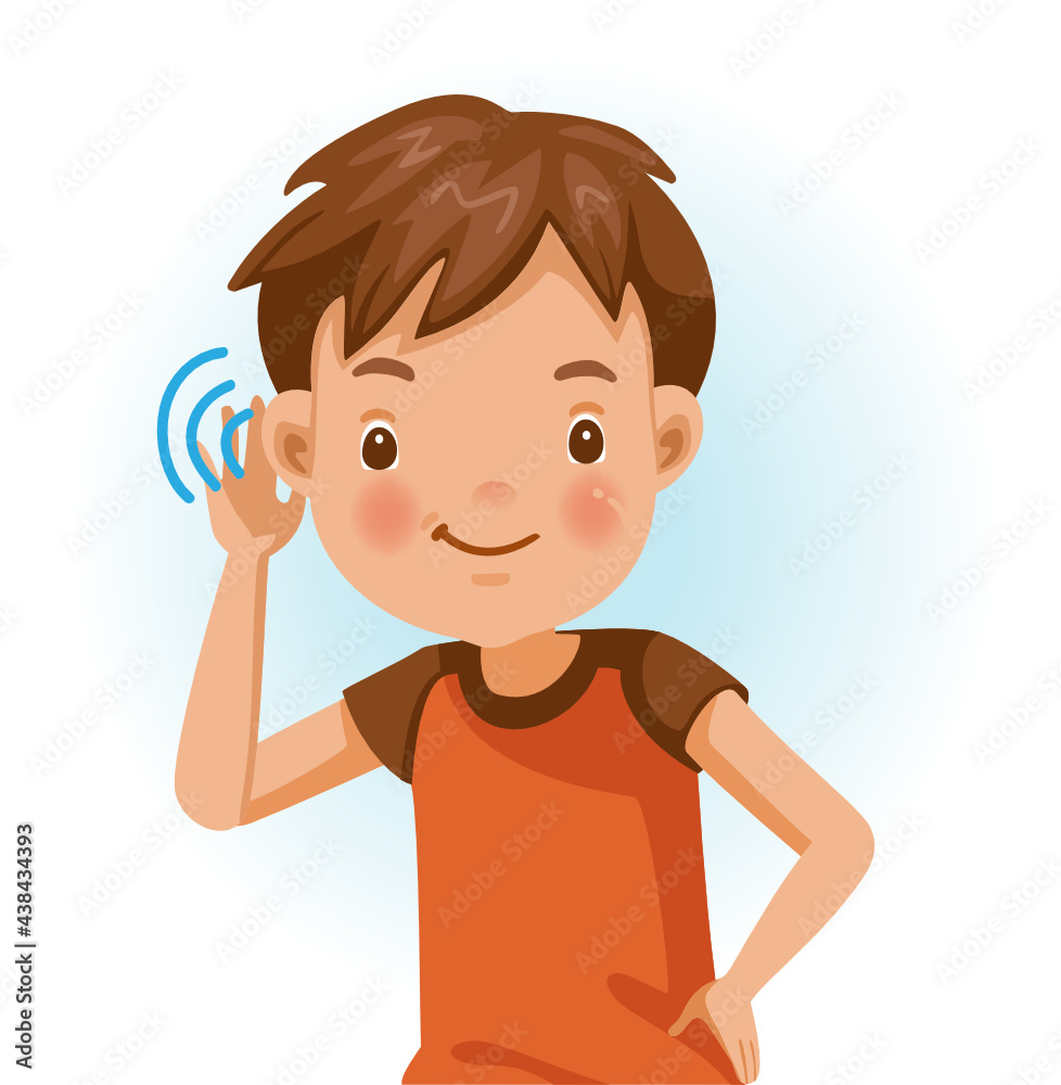 Boy listening.  Positive emotions, smiling. Cartoon character vector illustration isolated on white background.