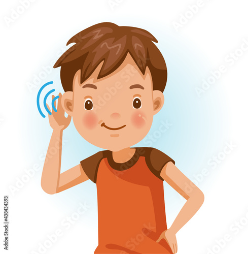Boy listening.  Positive emotions, smiling. Cartoon character vector illustration isolated on white background.