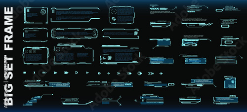 Big set frames or screens with information. Transparent screens on black background in the style of HUD, GUI, UI. User interface for HUD interface