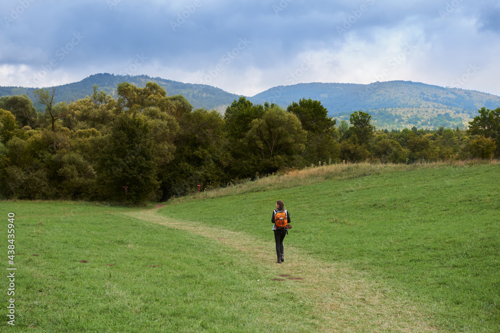 A woman trekking in the nature during the summer season