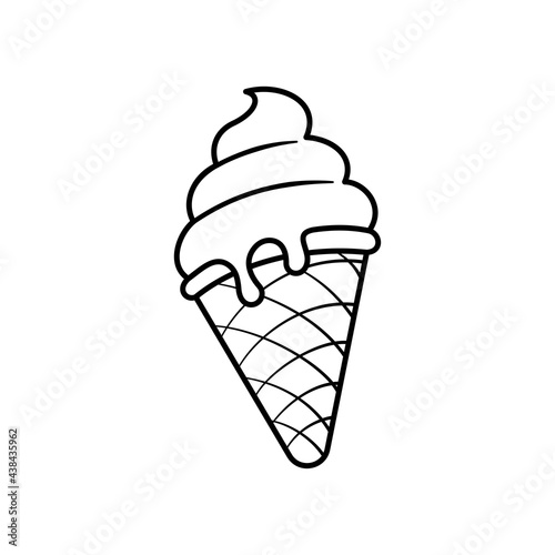 Ice cream waffle cone vector icon in vintage style. Line symbol. Black silhouette illustration isolated on white background. Soft icecream poctogram