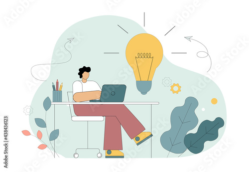 Idea concept. A man sits at a table and works on a laptop and next to a burning light bulb. Vector illustration. Vector illustration