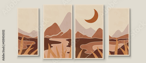Abstract landscape composition art with sun and moon. Earth tones colors wall art. Soft color painting house decor. Minimalistic background design. Vector illustration.