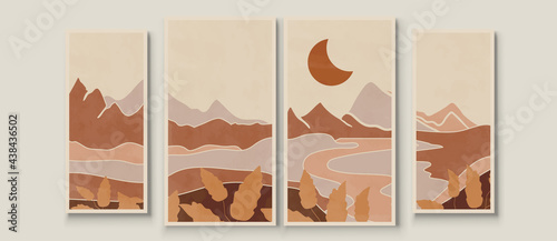 Abstract landscape composition art with sun and moon. Earth tones colors wall art. Soft color painting house decor. Minimalistic background design. Vector illustration.