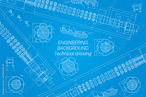 Mechanical engineering drawings on blue background. Broach. Technical Design. Cover. Blueprint. Vector illustration.