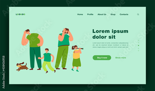 Tired parents looking at happy children isolated flat vector illustration. Cartoon mother and father standing with exited kids. Big family and parenthood concept