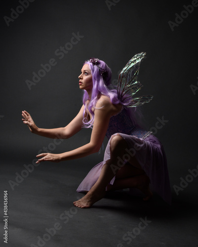 Full length portrait of a purple haired girl wearing fantasy corset dress with fairy wings and flower crown. Seated pose against a dark studio background.