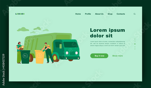 Garbage truck arriving to take disposal containers with waste and refuse. Men sorting rubbish and trash in bins and dumpsters. Vector illustration for recycle, environment concept