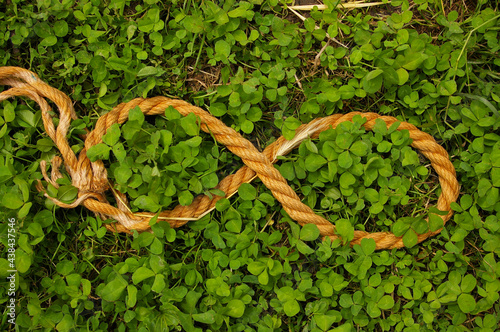 Hemp rope arranged in the form of the symbol of infinity. Endless symbol made from natural rope on a green clover background. .