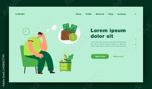Sad unhappy person having money problem. Broke man feeling sad and depressed, staying home and thinking of unpaid loan. Vector illustration for bankrupt, financial crisis, depression concept
