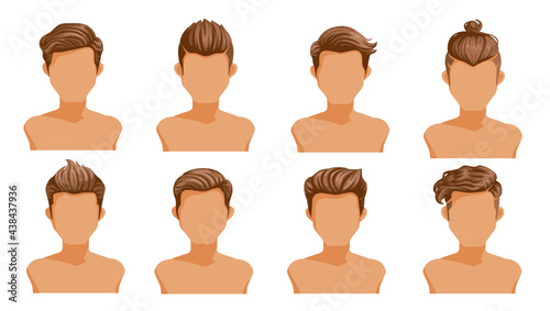 Men hair. Set of men cartoon hairstyles. Collection of fashionable stylish types.Vector illustration isolated on white background.