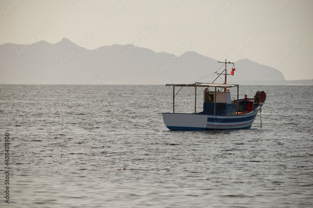 fishing boats in the background with piles of posidonia algae on the Mediterranean islands fishing boats in the background with piles of posidonia algae on the Mediterranean islands