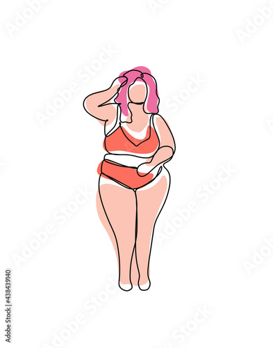 Happy body-positive girl in lingerie. Plus size model. Love your body concept. All bodies are beautiful. Abstract trendy one line illustration