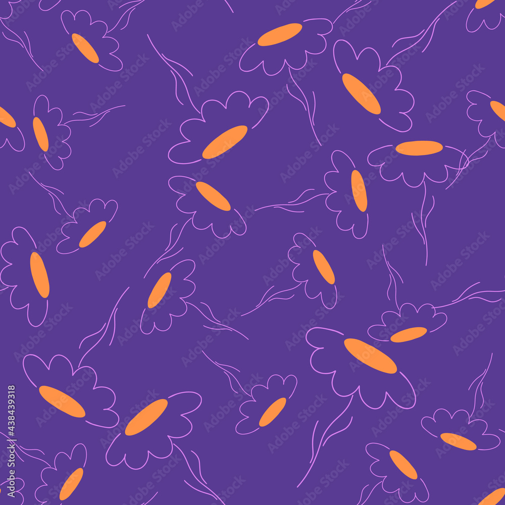 Random bright yellow contoured chamomile flowers seamless pattern. Bright purple background. Random bright yellow contoured chamomile flowers seamless pattern. Bright purple background.