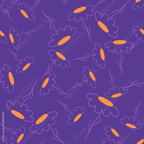 Random bright yellow contoured chamomile flowers seamless pattern. Bright purple background.