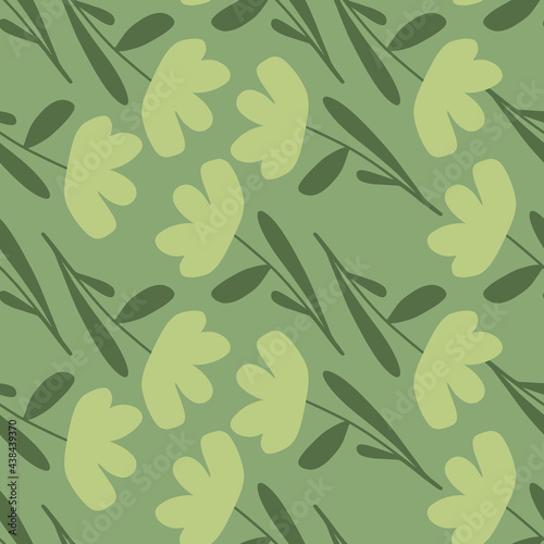 Pale green tones seamless pattern with hand drawn simple flowers shapes. Nature botanic backdrop.