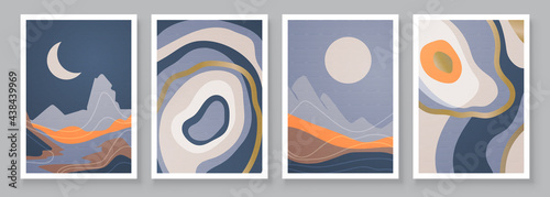 Abstract landscape composition art with sun and moon. Blue tones colors wall art. Soft color painting house decor. Minimalistic background design. Vector illustration.