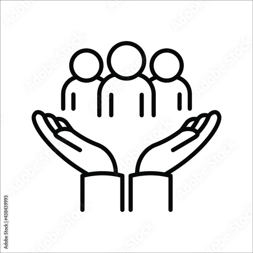 employees on human hand line icon vector illustration. An inclusive workplace on white background. color editable