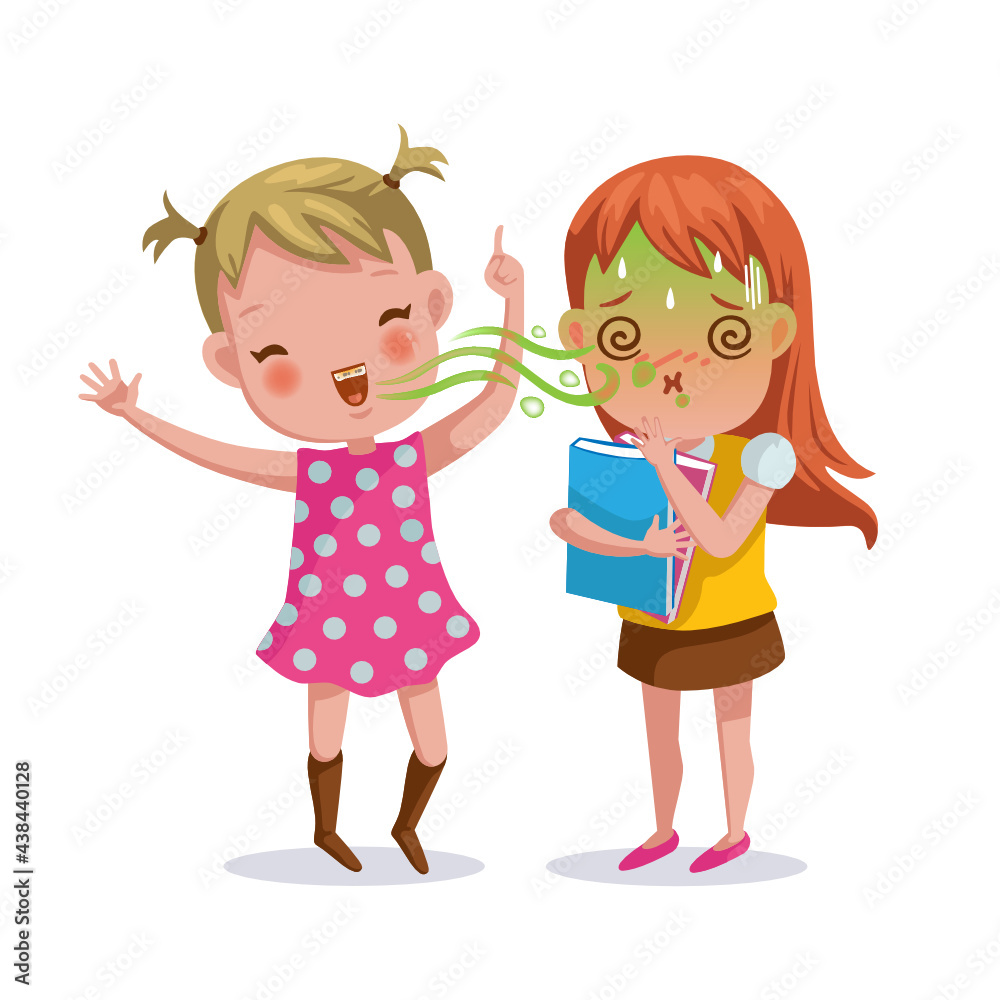 bad breath girl. The little girl feels foul. Bad breath from friends. Cartoon character vector illustration Isolated on white background. bad breath girl. The little girl feels foul. Bad breath from friends. Cartoon character vector illustration Isolated on white background.