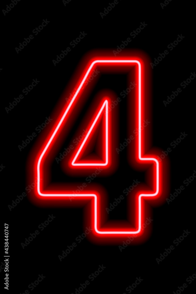 Neon red number 4 on black background. Serial number, price, place Neon red number 4 on black background. Serial number, price, place