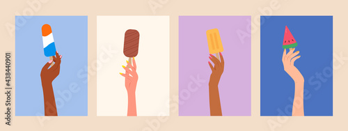 Set of female hands holding ice creams posters for web, print. Summer food concept. Modern summer time vector illustration flat cartoon style