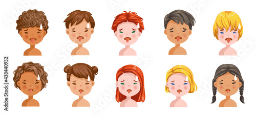 Boys and girls set emotions, feelings of badly uncomfortable, tension, sullen. Face of an angry child. Different nationalities are different. Variety of children.