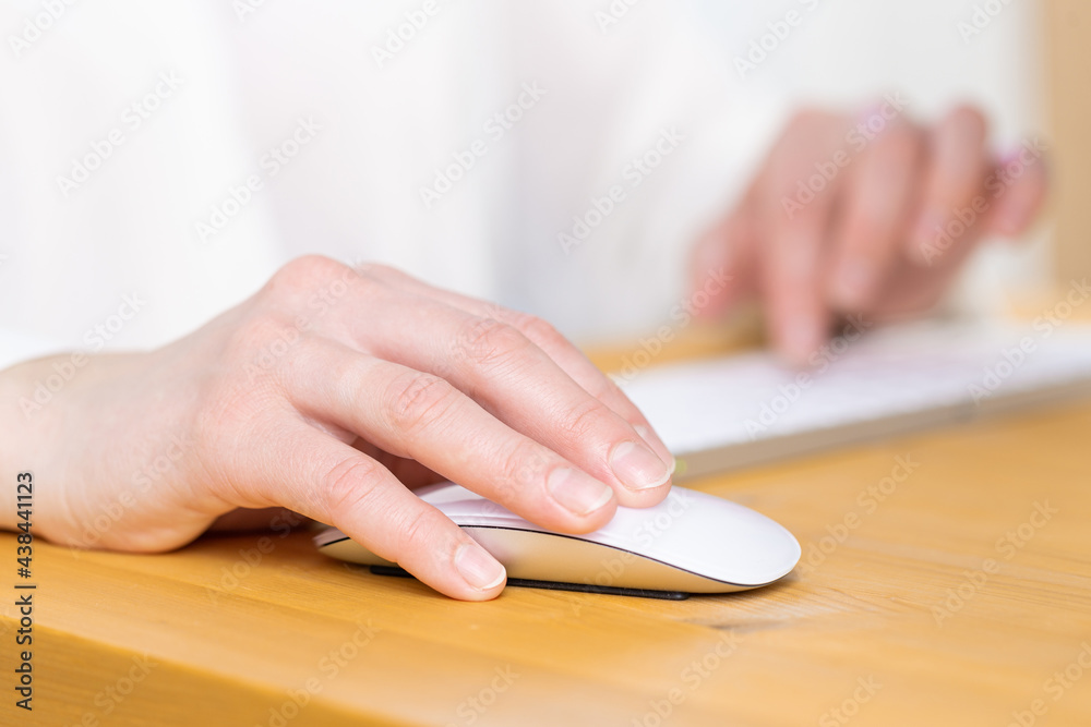 Close-up of young female hands pressing keyboard buttons and using a mouse Close-up of young female hands pressing keyboard buttons and using a mouse