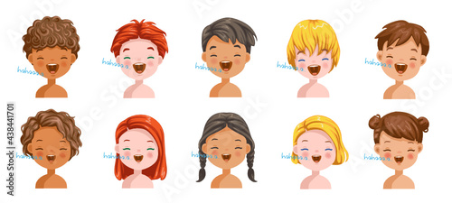 Boys and girls set emotions, feelings be smile, Laugh face of the child. Different nationalities are different. Variety of children. Female and male heads.