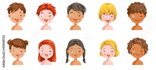 Boys and girls set emotions, feelings of naughty, cuteness face of the child is confused.  Different nationalities are different. Variety of children. Female and male heads. Picture of students. 