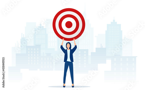 Vector of an ambitious businesswoman holding a target standing on a cityscape background