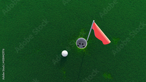 Foto 3d render golf ball rolls across the course into a hole top view