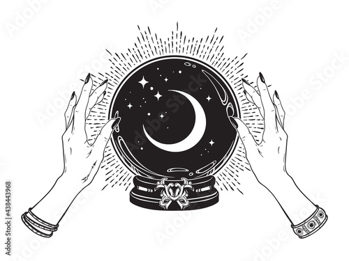 Magic crystal ball with crescent moon and stars in hands of fortune teller line art and dot work. Boho chic tattoo, poster or altar veil print design vector illustration
