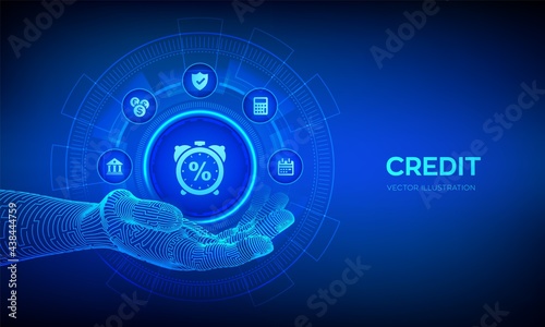 Credit Icon Robotic Hand Credit Mortgage Loans Rating Business Concept Virtual Screen Digital Financial Banking Services
