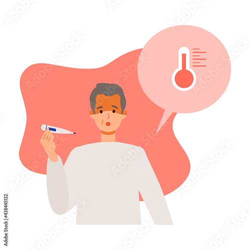 Elderly man having fever after getting his COVID-19 vaccine. Concept for side effects of coronavirus vaccine.