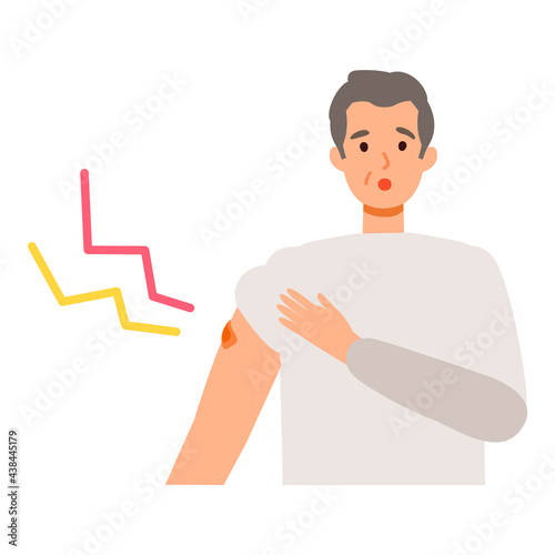 Elderly man with arm  pain  after getting his COVID-19 vaccine. Concept for coronavirus vaccination.