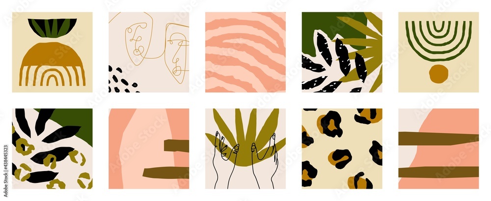 Trendy social media set of ten abstract backgrounds with abstract organic shapes composition in contemporary collage minimal style. Trendy social media set of ten abstract backgrounds with abstract organic shapes composition in contemporary collage minimal style.