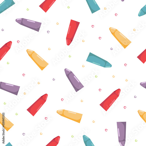 Seamless pattern with color pencils. Hand drawn vector illustration with cryons, paints, palette, brush. Back to school.