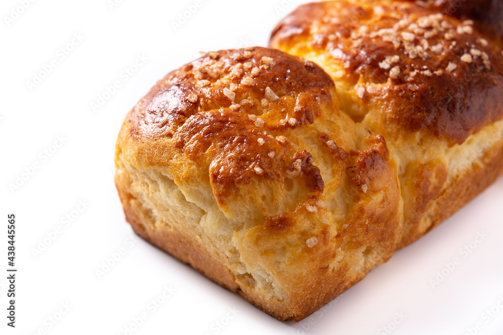 Braided brioche bread isolated on white background	