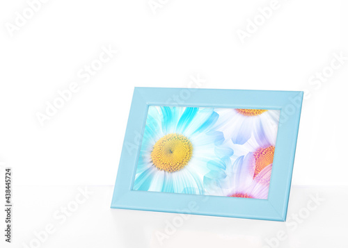 Photo frame with colorful camomile flowers picture  isolated on white  soft light blue color design