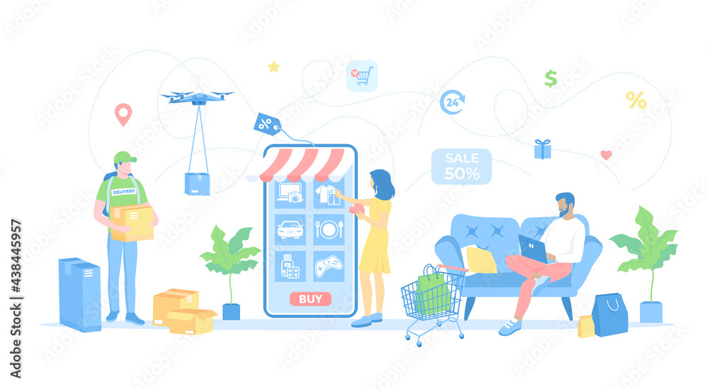 Fototapeta premium Online Shopping, Application, Service, Banking. Home delivery service. People buy items online via phone and laptop. Vector illustration flat style.