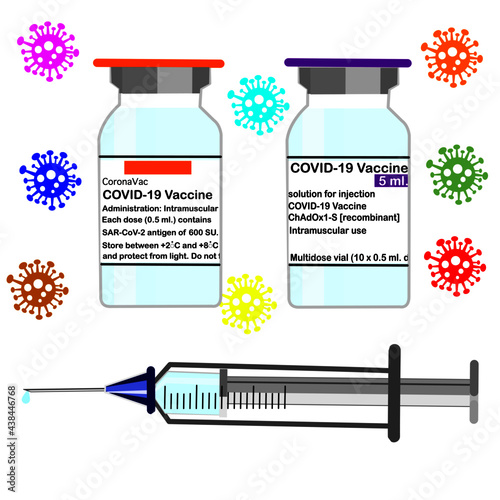 Coronavirus 2019 vaccine bottle with orange and purple label and syringe.