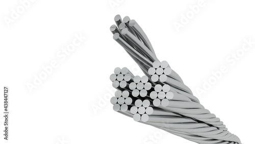 Decadent bare aluminum cable isolated on white background. Aluminum cable electric of high voltage isolated on white background. clipping part. 3d render. photo