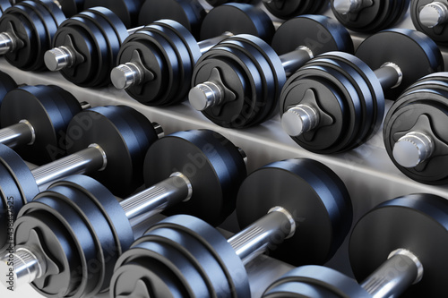 Black dumbbell weight set for Bodybuilding fitness in gym background. 3d render.