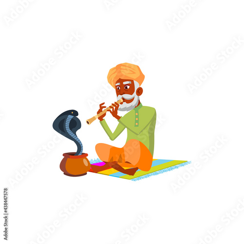 snake charmer old man playing on flute cartoon vector. snake charmer old man playing on flute character. isolated flat cartoon illustration photo