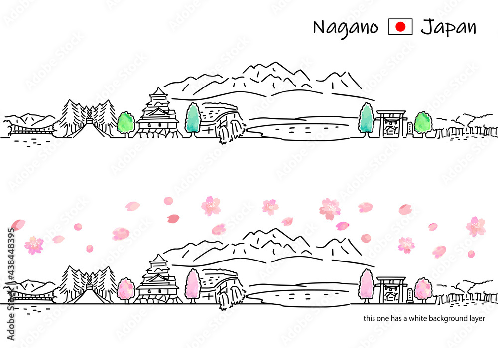 春の長野県の観光地の街並みシンプル線画セット
