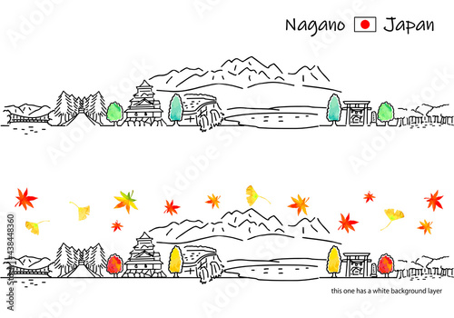 秋の長野県の観光地の街並みシンプル線画セット